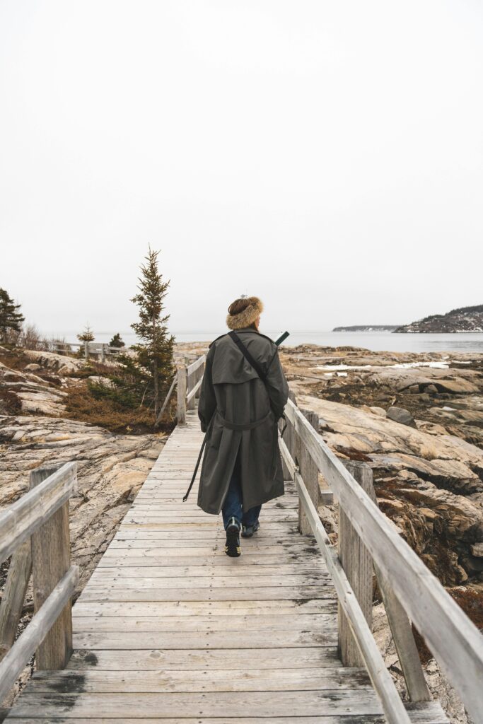 A solitary person walking on a wooden boardwalk by the rocky coast on a winter day.