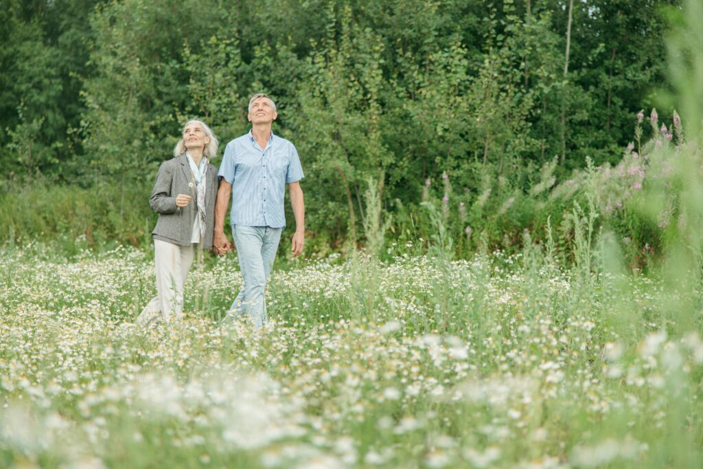 An elderly couple enjoying a peaceful walk in a scenic flower field on a sunny day.
