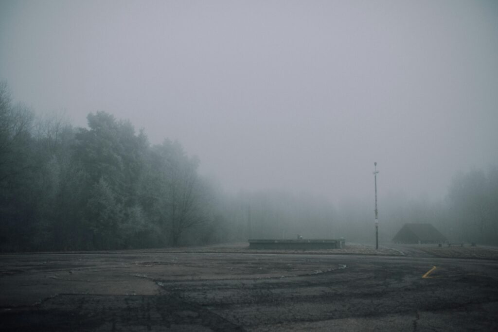 A misty, foggy landscape featuring trees and an empty road under low visibility conditions.